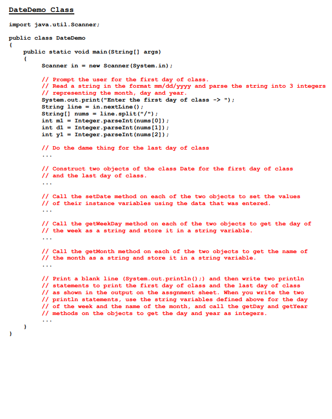 implement the Date class as described below. Then create another class named