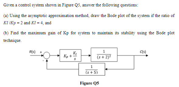  Given a control system shown in Figure Q5, answer the following