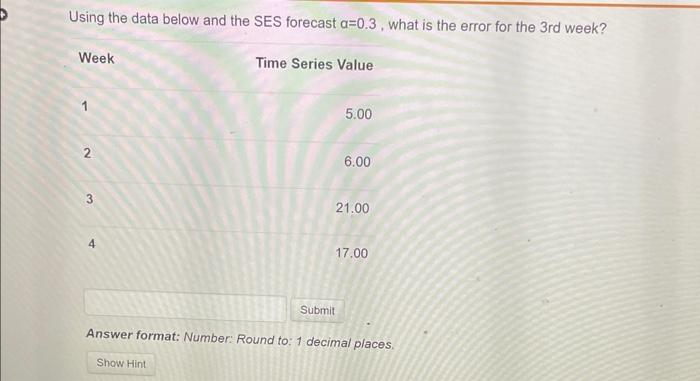  Using the data below and the SES forecast =0.3, what is