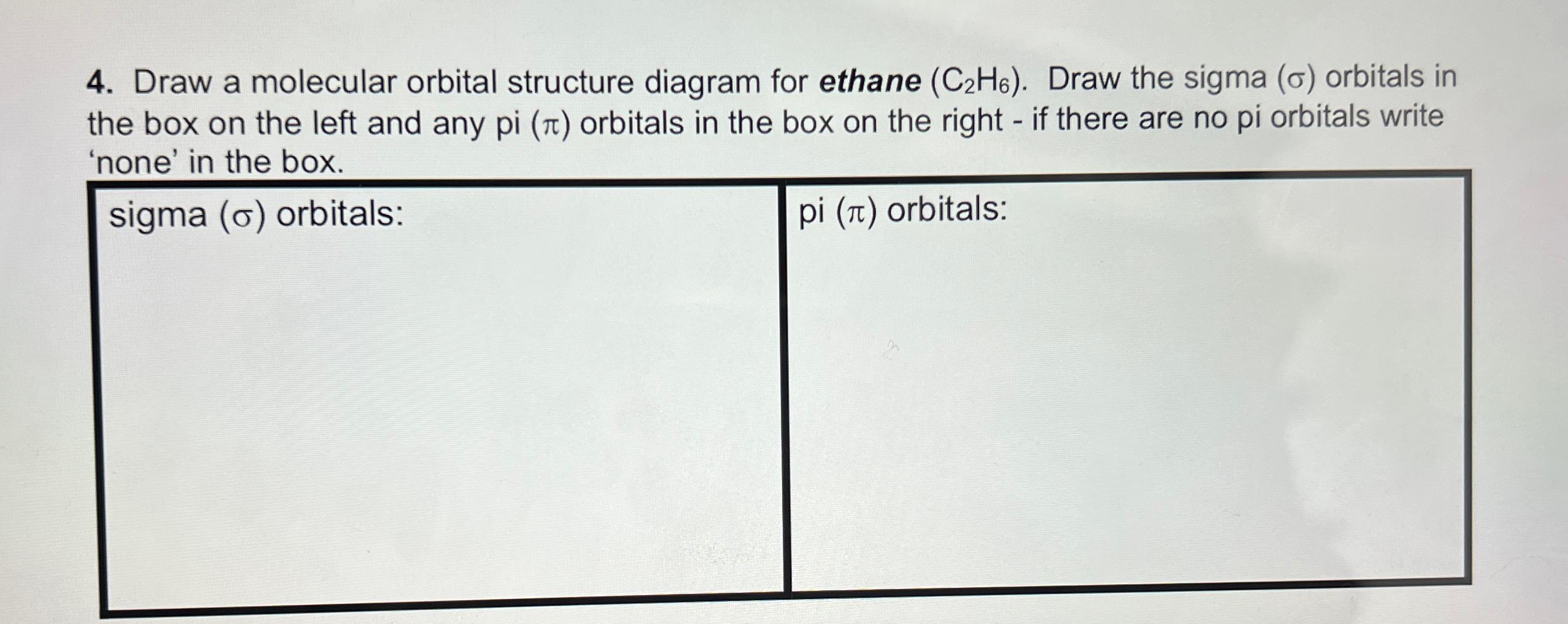  Draw a molecular orbital structure diagram for ethane (C2H6). Draw the