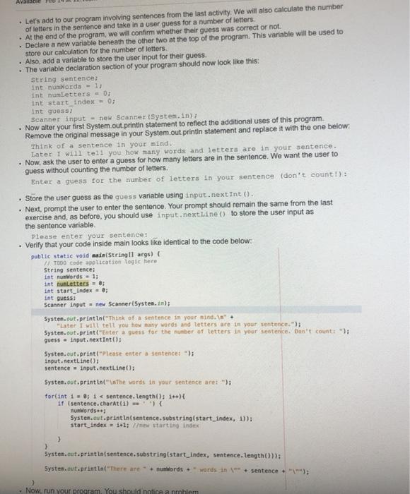 java beginner help AVE Let's add to our program involving sentences from