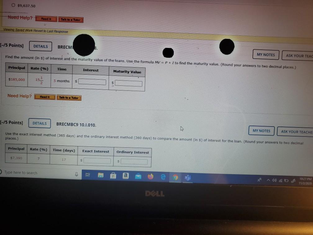 $9,637.50 Need Help? Randit Talk to Tutor Viewing Saved Work Revert