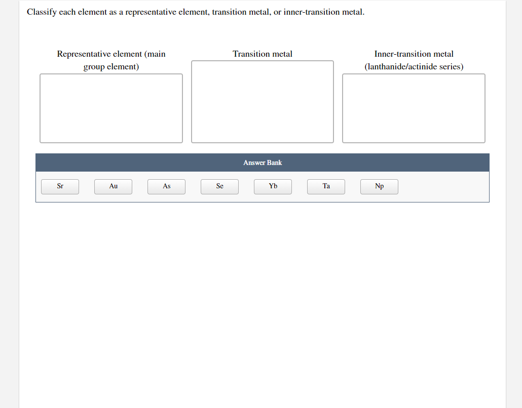 Classify each element as a representative element, transition metal, or inner-transition