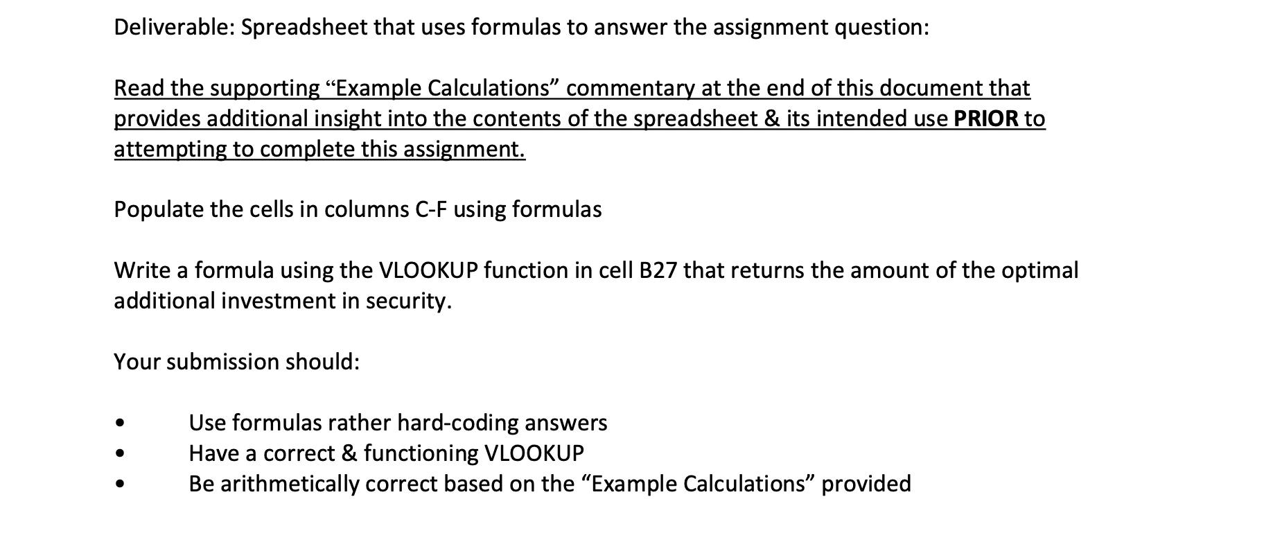 formulas to answer the assignment question: Read the supporting "Example Calculations" commentary