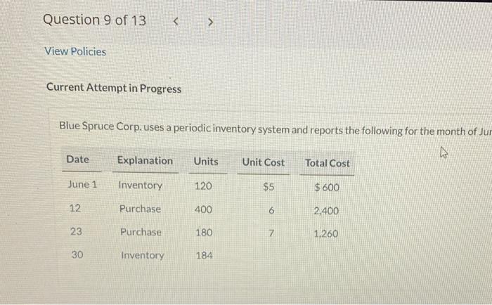  Current Attempt in Progress Blue Spruce Corp. uses a periodic inventory