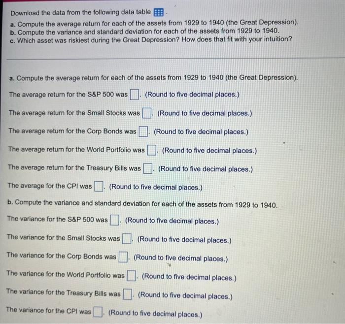  Download the data from the following data table a. Compute the
