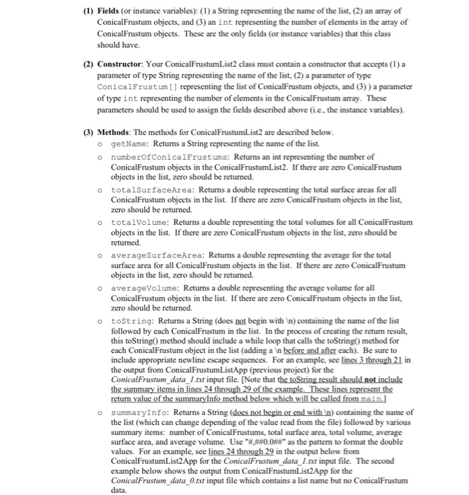 objects, the second class defines ConicalFrustumList2 objects, and the third, ConicalFrustumList2MenuApp, presents