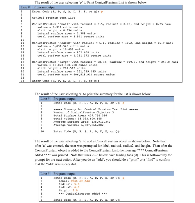 print summary (4) add a ConicalFrustum object to the ConicalFrustumList2 object, (5)