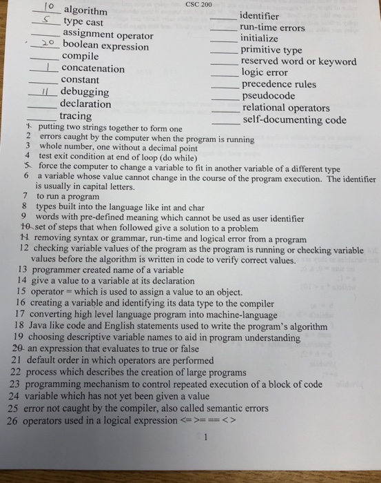  CSC 200 o-algorithm type cast identifier run-time errors initialize primitive type