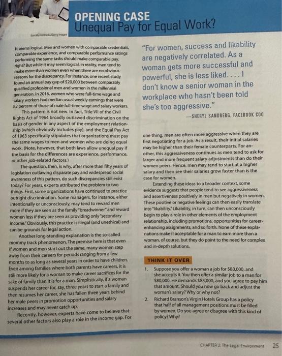  OPENING CASE Unequal Pay for Equal Work? It seems logical, Men