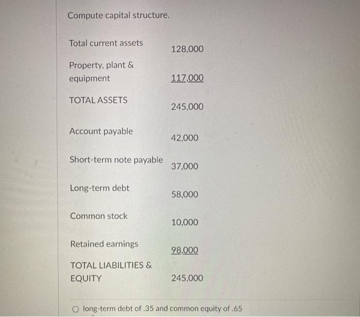  Compute capital structure. Total current assets 128,000 Property, plant & equipment