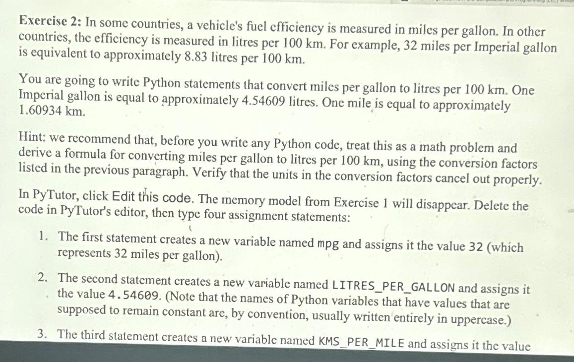  Exercise 2: In some countries, a vehicle's fuel efficiency is measured