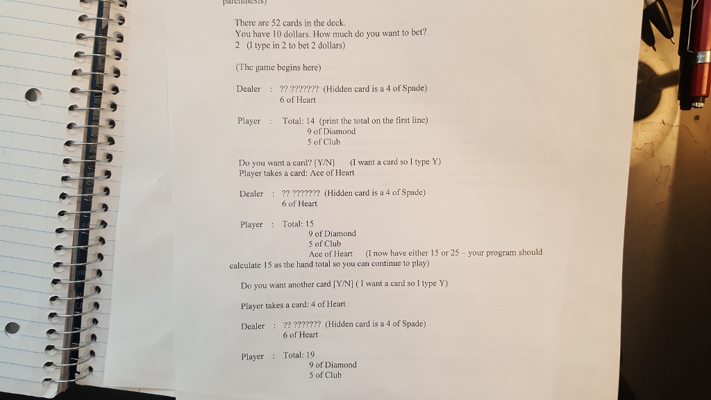 Play Blackjack First page - instructions 2ND PAGE SAMPLE GAME: THIRD PAGE