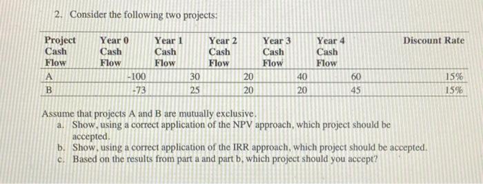  2. Consider the following two projects: Assume that projects A and