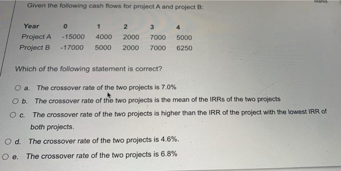  Given the following cash flows for project A and project B: