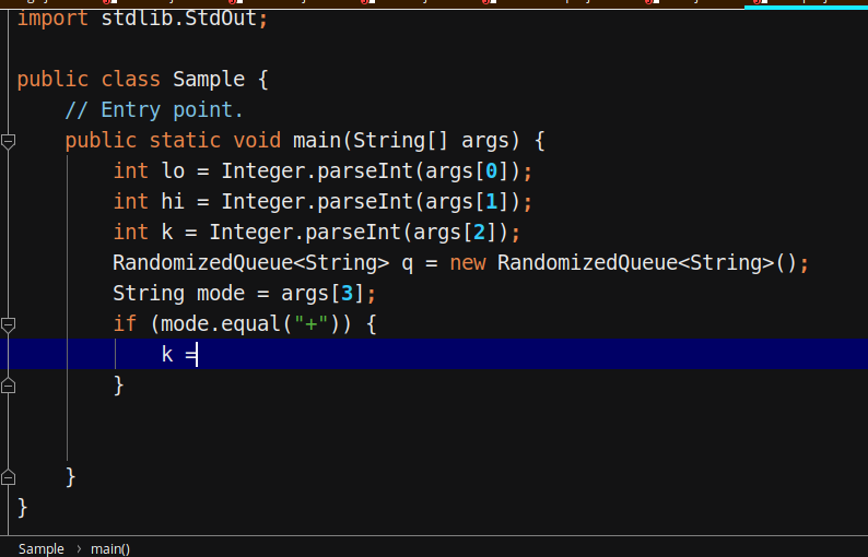 accepts lo (int), hi (int), k (int), and mode (String) as command-line