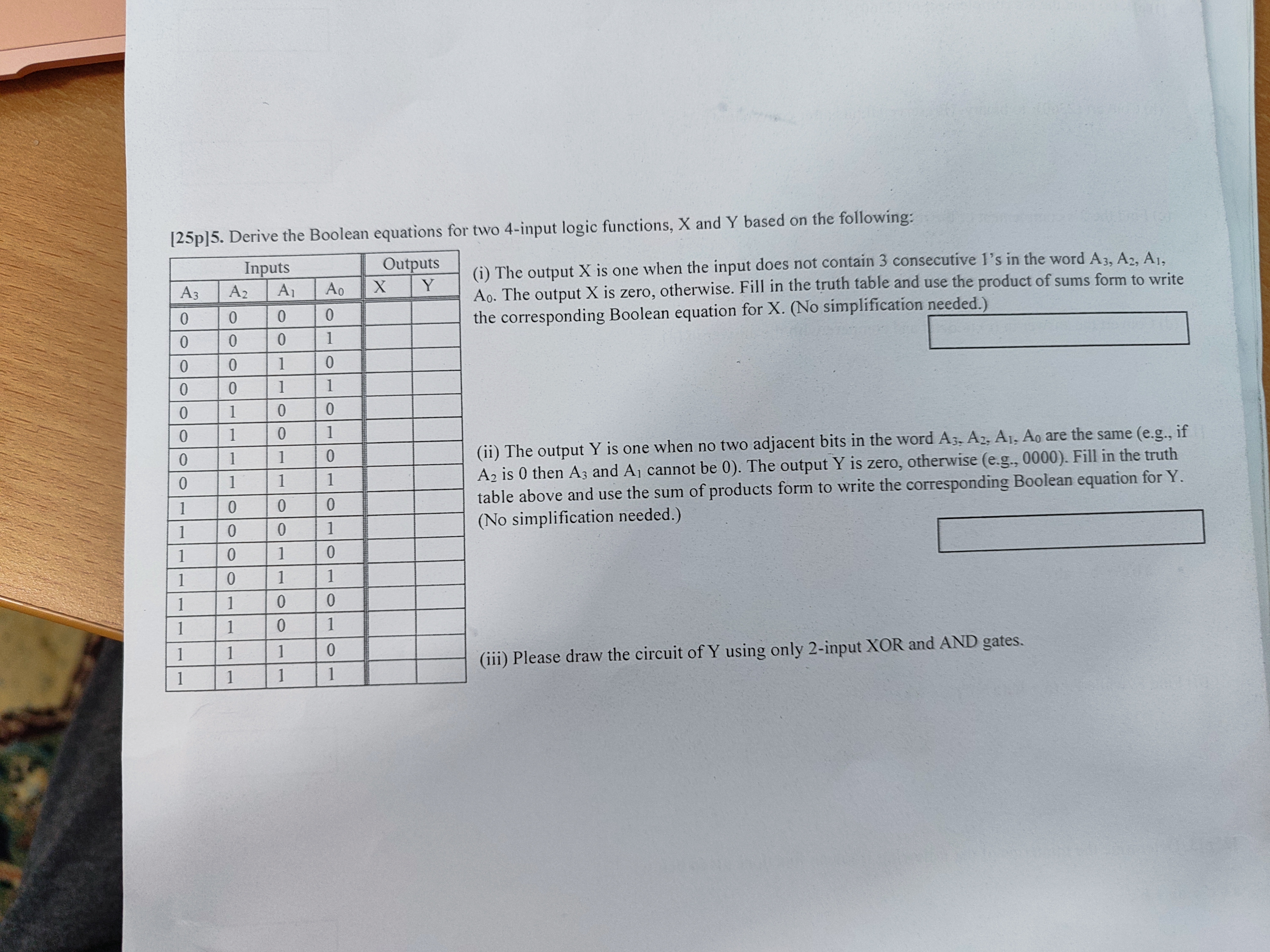  [25p]5. Derive the Boolean equations for two 4-input logic functions, x