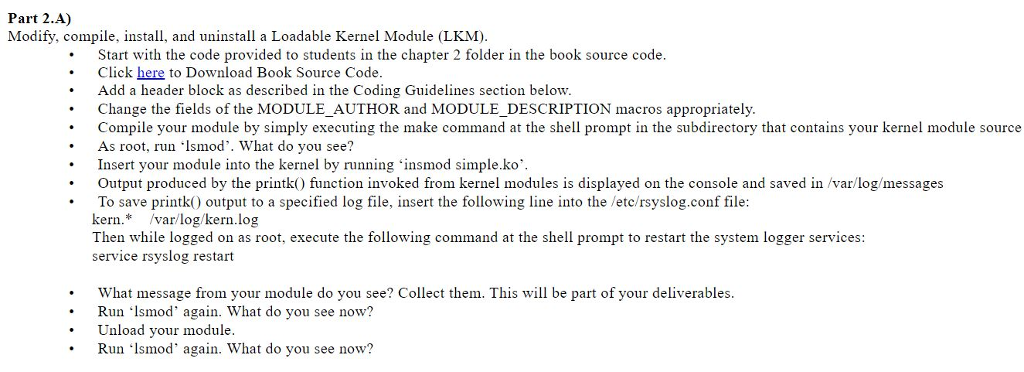 Part 2.A) Modify, compile, install, and uninstall a Loadable Kernel Module