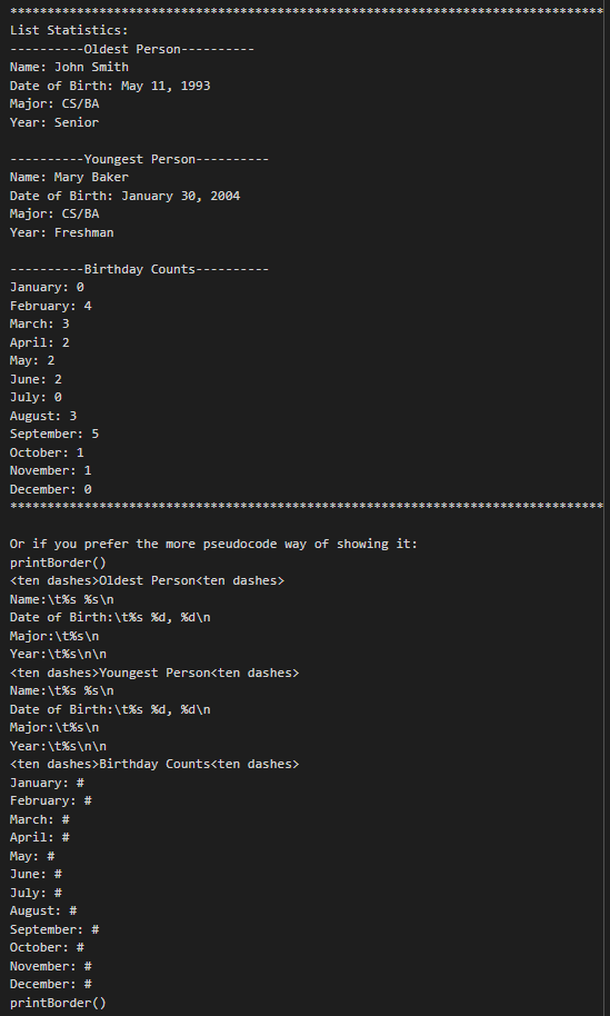 (IN C) Linked List from File & Birthday Statistics: TASK: list_stats_t getListStats(node_t