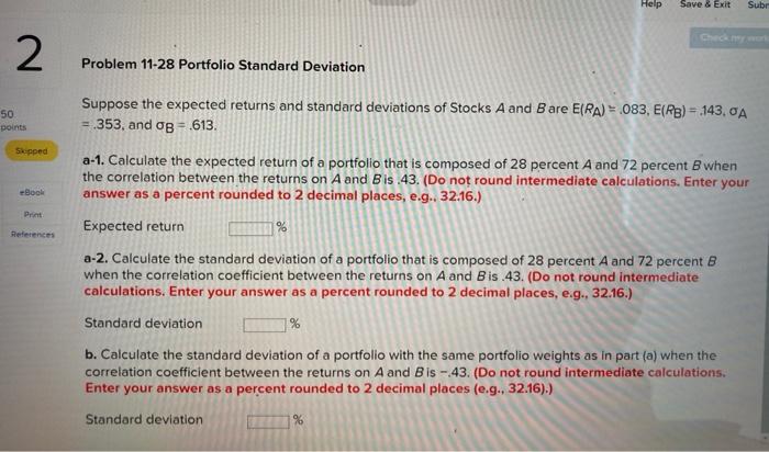  Help Save & Exit Subr 2 Problem 11-28 Portfolio Standard Deviation