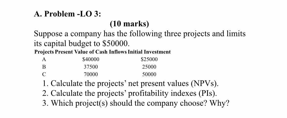  A. Problem -LO 3: (10 marks) Suppose a company has the