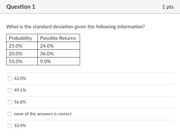 Question 1 1 pts What is the standard deviation given the