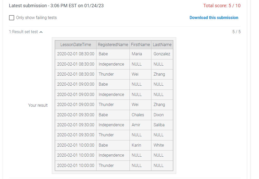 3.8 LAB - Select lesson schedule with multiple joins The database has