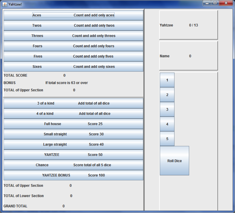 Creating the UI for Yahtzee in JAVA - Please execute the instructions