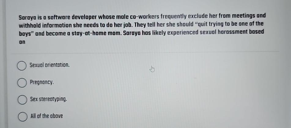  Soroyo is o software developer whose male co-workers frequently exclude her