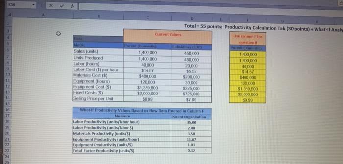 Productivity Analysis Assignment Total = 55 points: Productivity Calculation Tab (30 points)