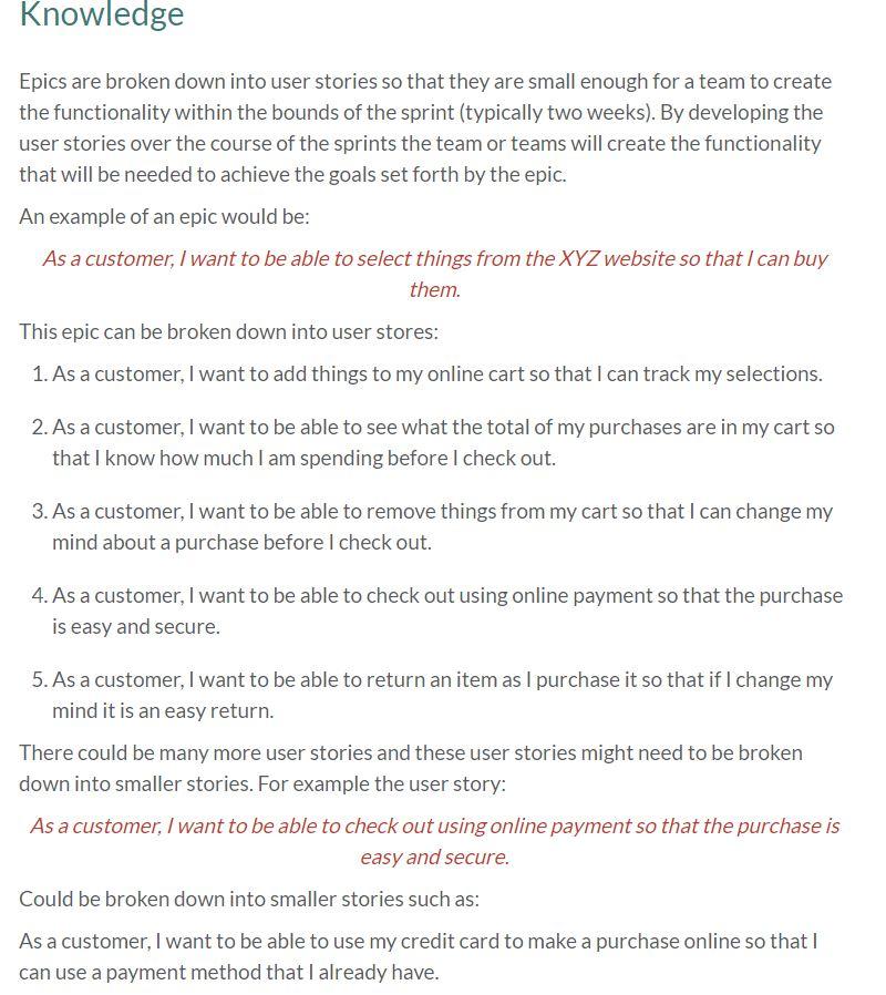 the epic below and create at least five user stories from the