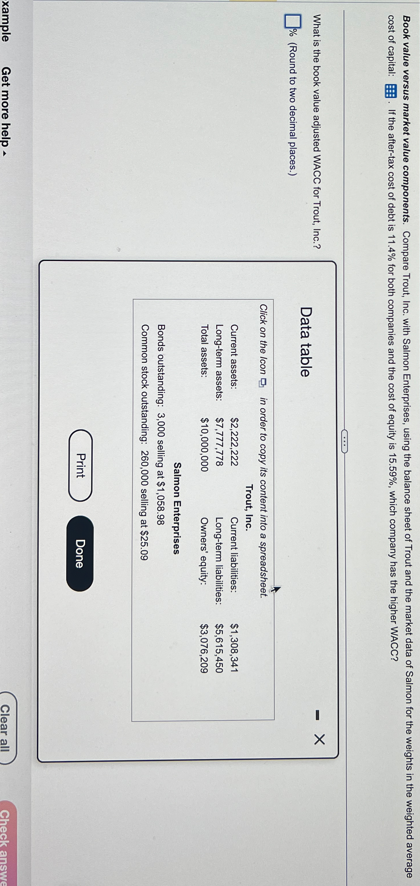  Book value versus market value components. Compare Trout, Inc. with Salmon