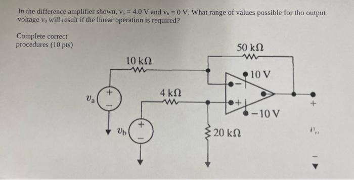 In the difference amplifier shown, va=4.0V and vb=0V. What range of