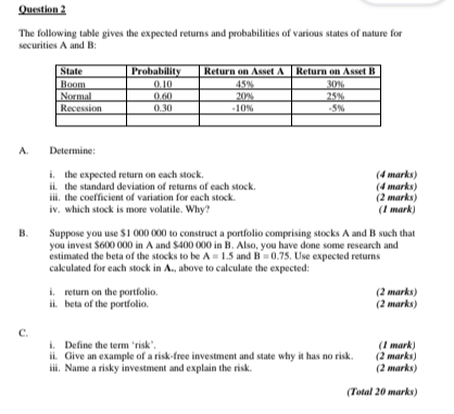  Question 2 The following table gives the expected returns and probabilities