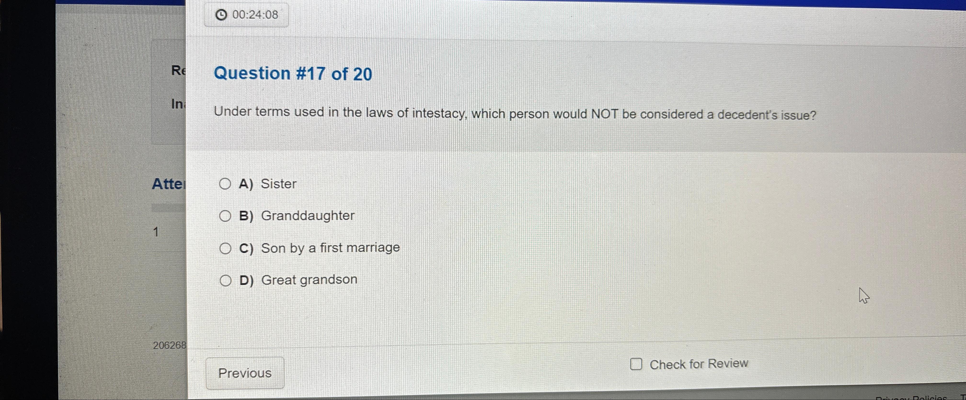  00:24:08 Question #17 of 20 ln Under terms used in the