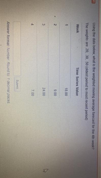  Using the data below, what is the weighted moving average forecast