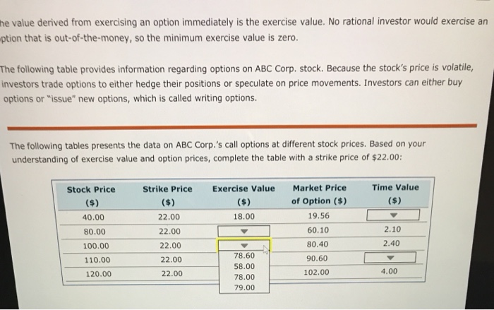  he value derived from exercising an option immediately is the exercise