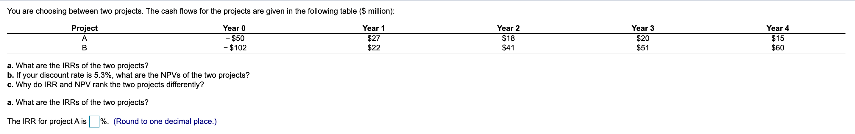  You are choosing between two projects. The cash flows for the