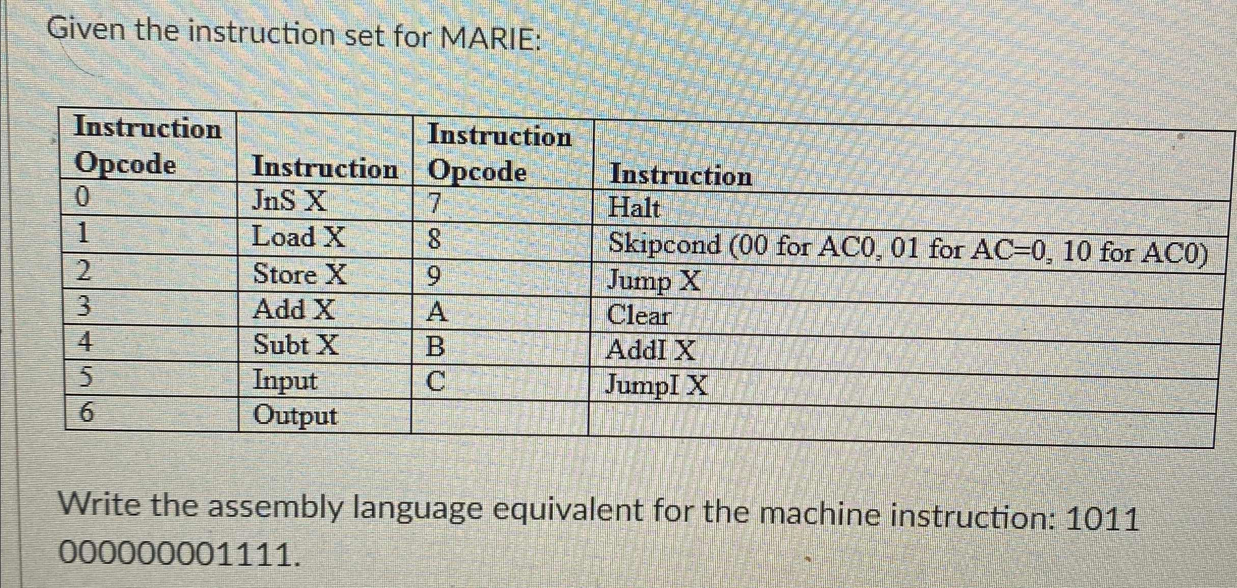  Given the instruction set for MARIE: \table[[Instruction,,Instruction,],[Opcode,Instruction,Opcode,Instruction],[0,JnS X,7,Halt],[1,Load X,8,Skipcond (00 for