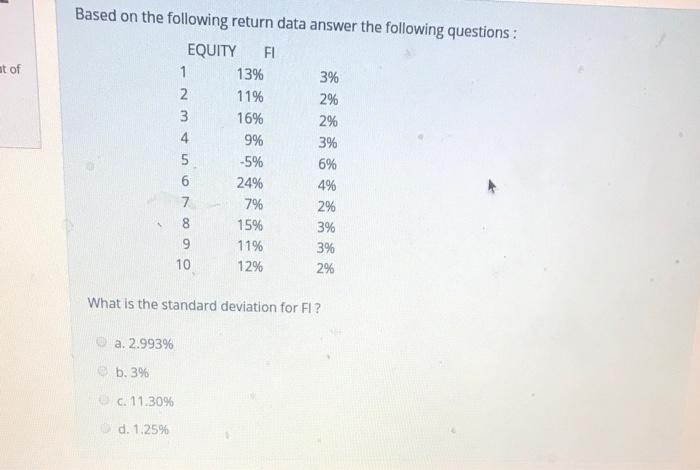  at of 2% Based on the following return data answer the