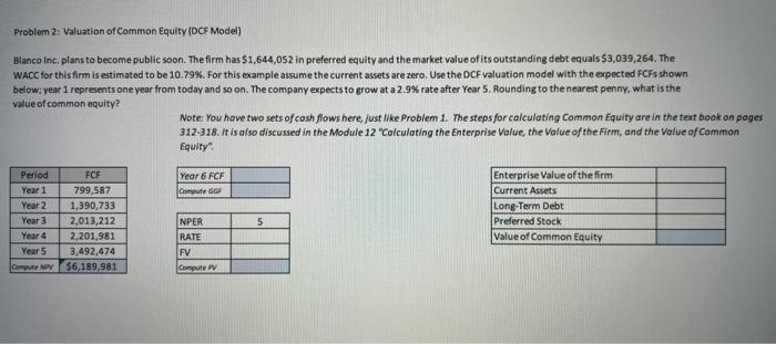  Problem 2: Valuation of Common Equity (DCF Model) Blanco Inc. plans