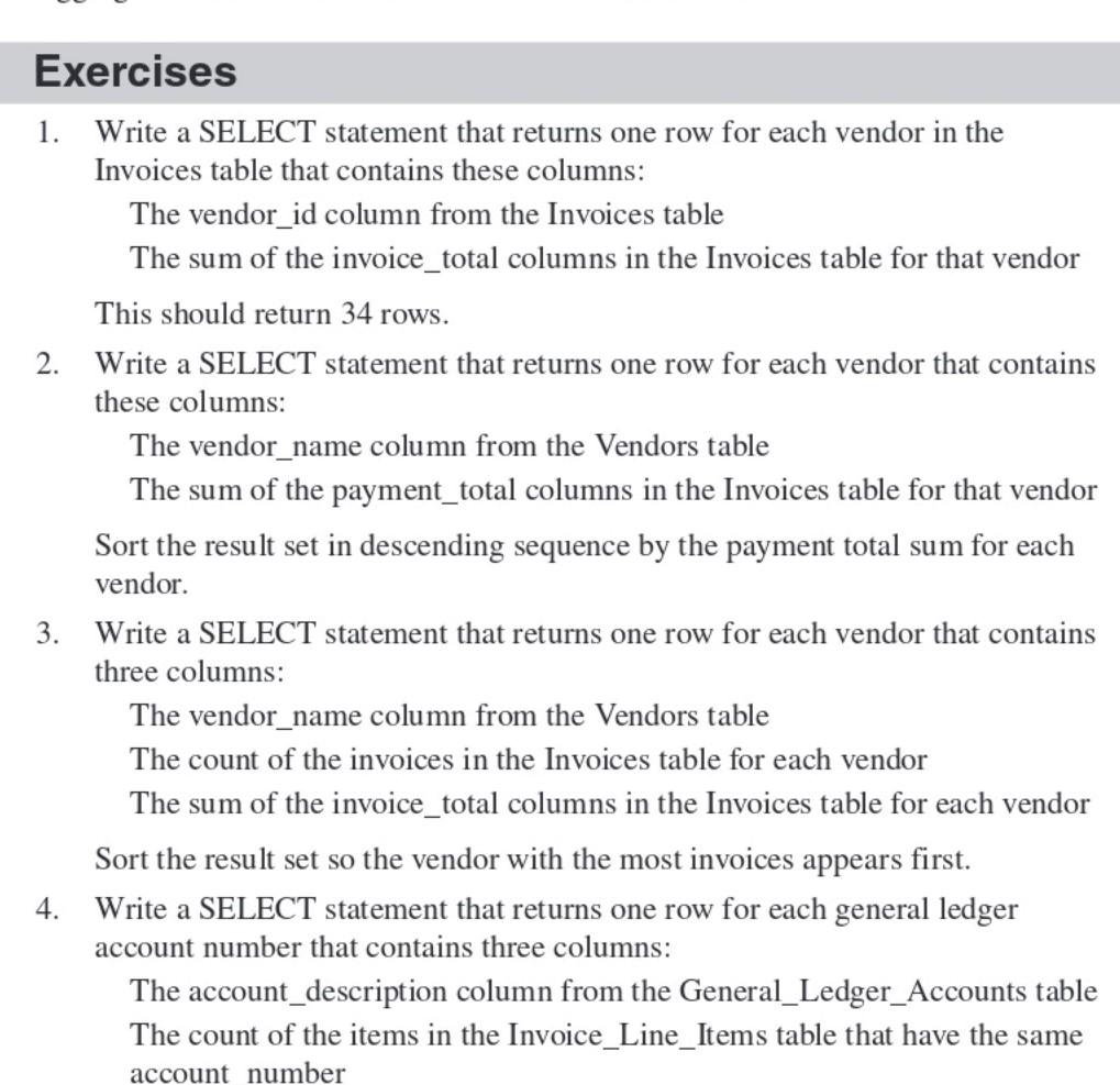*Using ap SELECT * FROM ap.invoices; SELECT * FROM ap.general_ledger_accounts; SELECT *