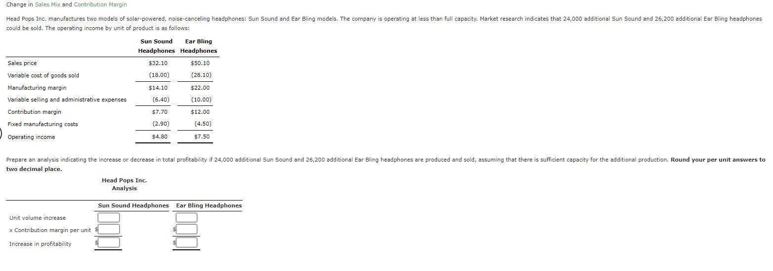 Help please Change in Sales Mix and Contribution Margin could be sold.