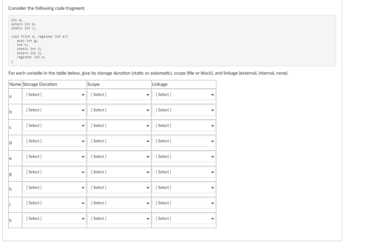  Consider the following code fragment. int a; extern int b; static