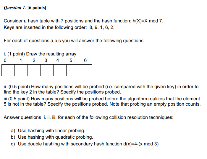 Question . 16 pointsl Consider a hash table with 7 positions