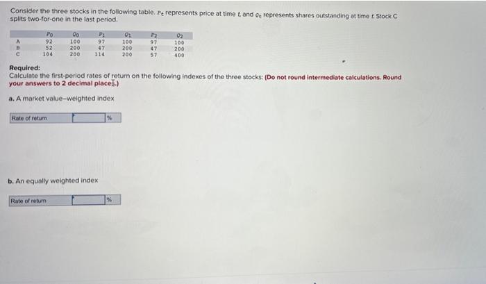 please help! really stuck on this question Consider the three stocks in