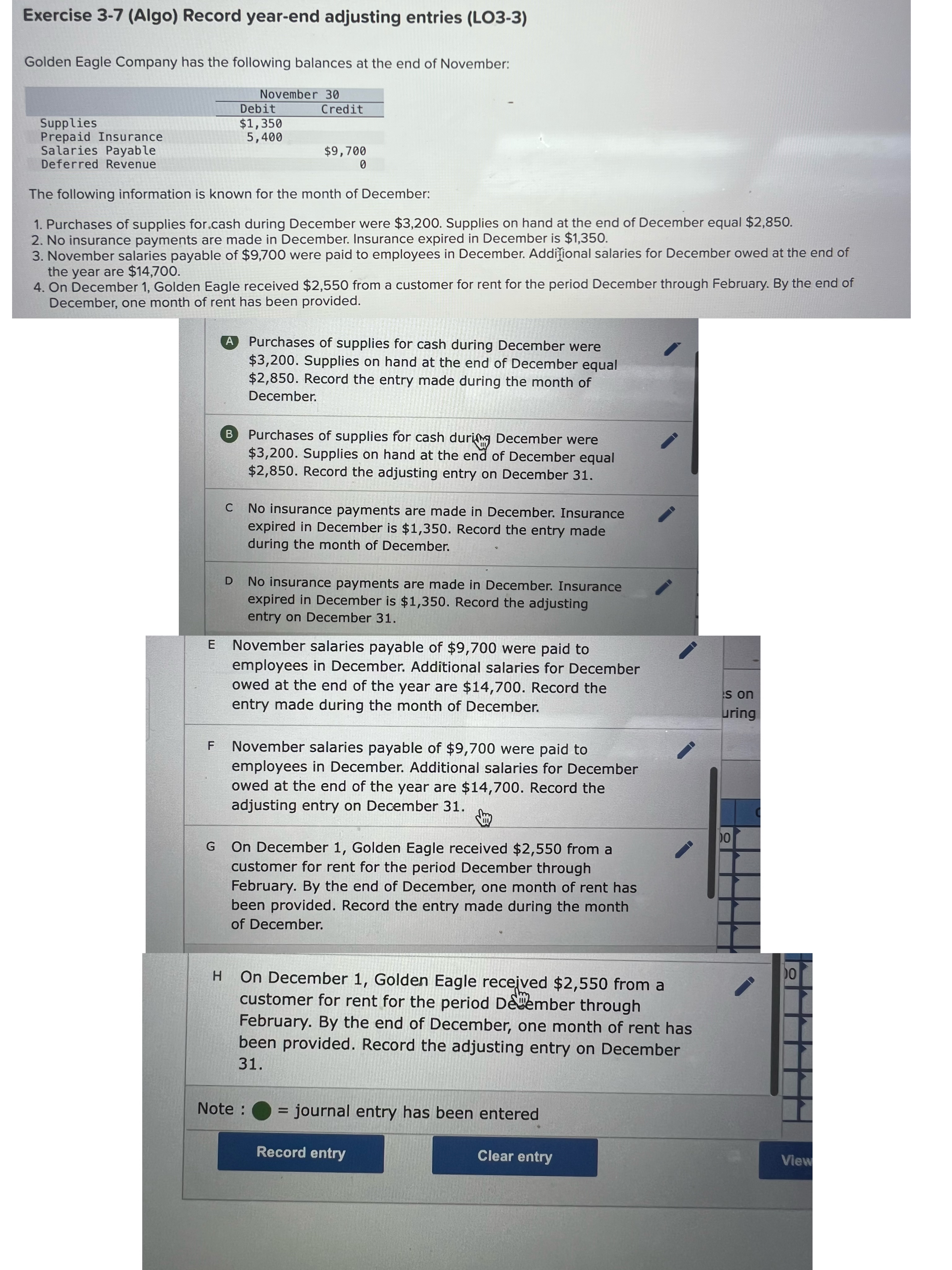  Exercise 3-7(Algo) Record year-end adjusting entries (LO3-3) Golden Eagle Company has