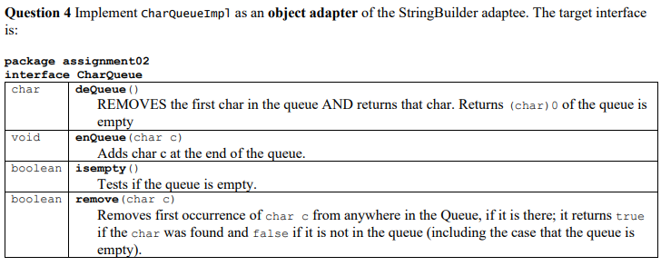  Question 4 Implement charqueueImp1 as an object adapter of the StringBuilder