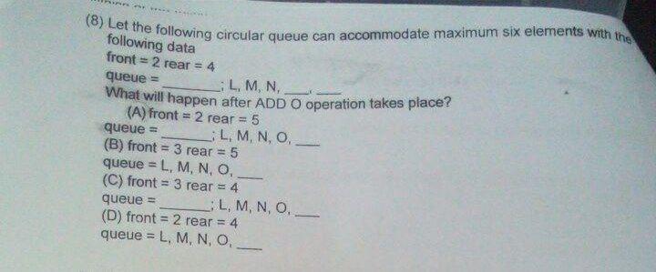  (8) Let the following circular queue can accommodate maximum six elements