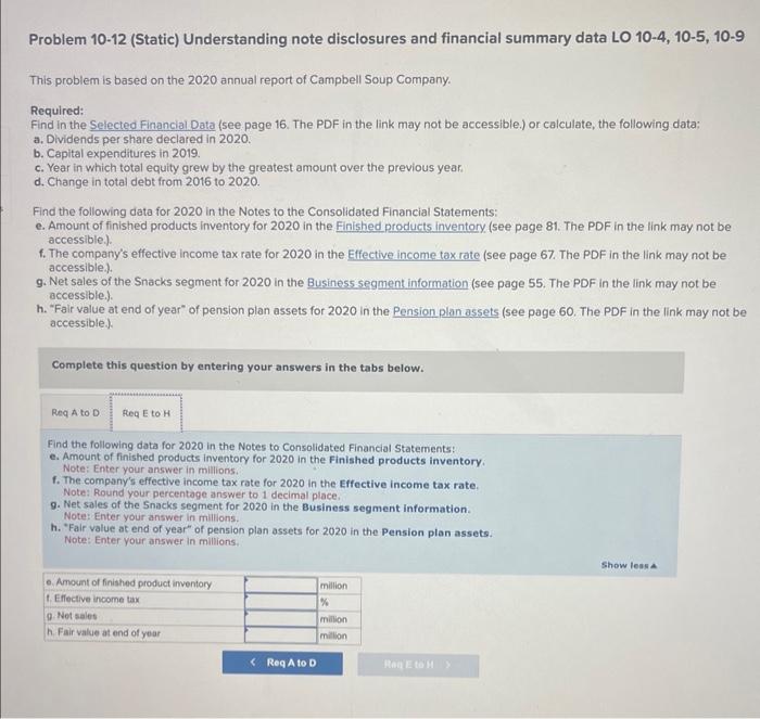data LO 10-4, 10-5, 10-9 This problem is based on the 2020